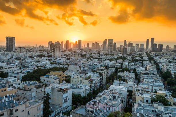 Sunrising of aerial view of Tel Aviv City with modern skylines in the morning in Israel. stock photo