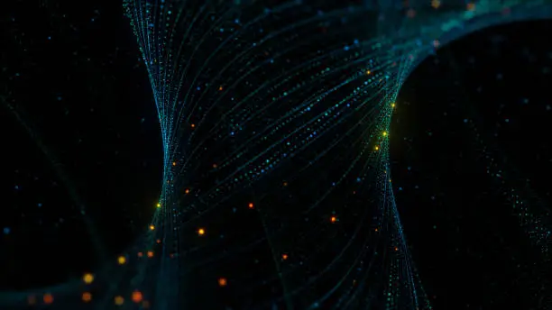 3d rendering background with twisted particle strings. Dark digital abstract background. Beautiful glowing concept form.