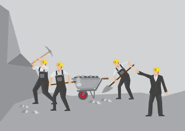 Vector illustration of Businessman order his miners to work faster.