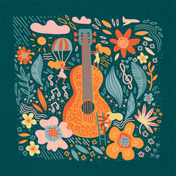 Music festival vector illustration, guitar with flowers art and cute girls. Hippie chic, bohemian style. Hand drawn banner, poster, postcard or t-shirt print. Music festival vector illustration, guitar with flowers art and lettering text. Hippie chic, bohemian style. Hand drawn banner, poster, postcard or t-shirt print. guitar designs stock illustrations