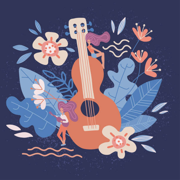 istock Acoustic Guitar in flowers. Musical instruments store poster design idea with notes, leaves isolated on dark background. Rock band performance,banner template. flat hand drawn vector illustration 1181446478