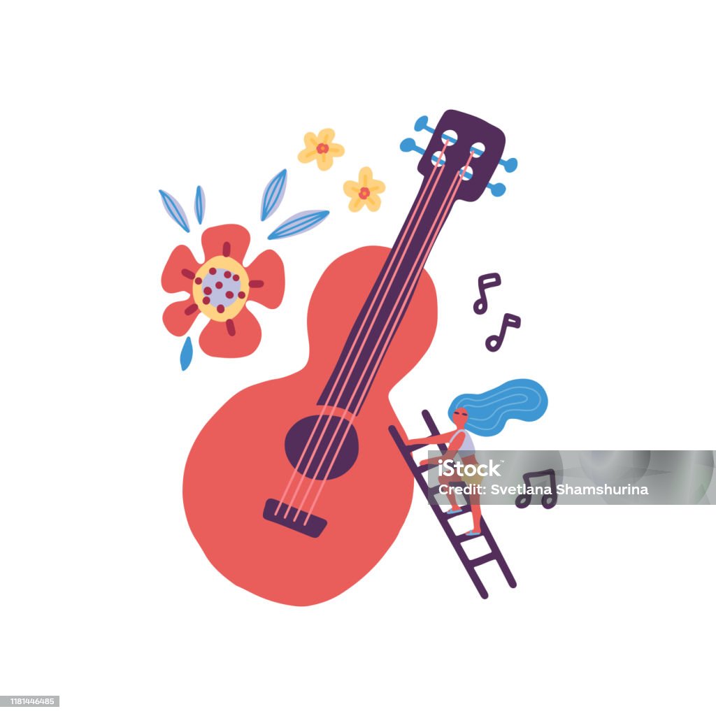 Tiny Woman Musicians Playing Guitar Cartoon Characters Musical Instrument  Plant Leaves Female Guitarist With Small Ladder Scandinavian Style Clipart  Music Band Concert Flat Hand Drawn Illustration Stock Illustration -  Download Image Now -
