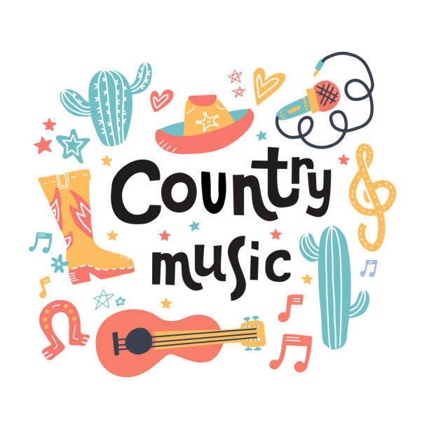 ilustrações de stock, clip art, desenhos animados e ícones de set of symbols and mosern lettering on country music theme. hand drawn doodle illustrations isolated on white background.. - country and western music illustrations
