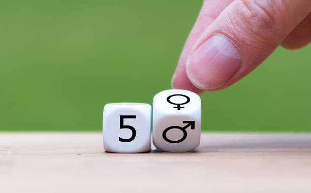 istock Symbol for gender equality. Dice form the expression 50 / 50 while the zero is exchanged by gender symbol. 1181446625