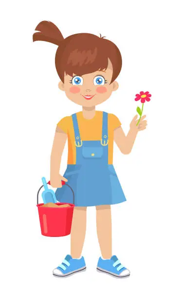 Vector illustration of Brunette Girl Holds Flower and Bucket with Shovel