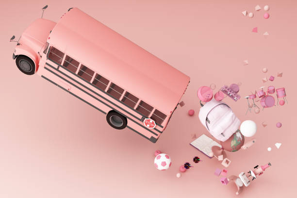 istock back to school ,inspiration, poster with educational equipment and school bus. 3d rendering 1181448398