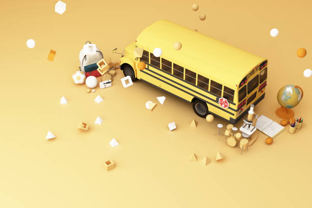 istock back to school ,inspiration, poster with educational equipment and school bus. 3d rendering 1181448411