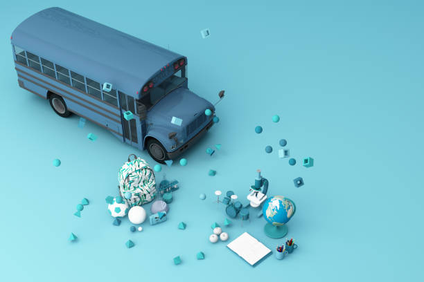 istock back to school ,inspiration, poster with educational equipment and school bus. 3d rendering 1181448419