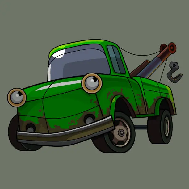 Vector illustration of cartoon green truck with eyes and a crane