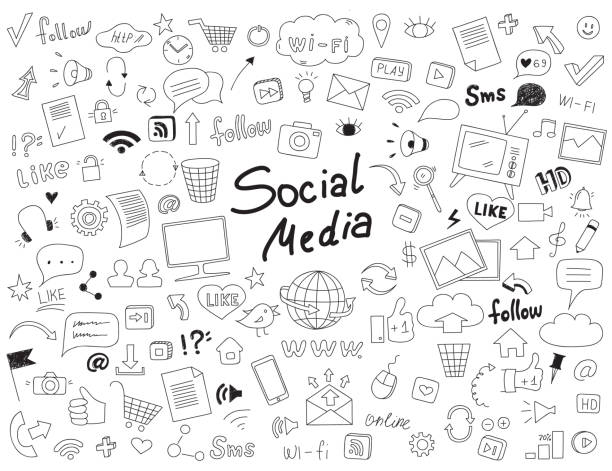 ręcznie rysowany doodle zestaw elementów mediów społecznościowych. internetowej, ikony wektorów komunikacji sieciowej. - laptop arrow sign communication business stock illustrations
