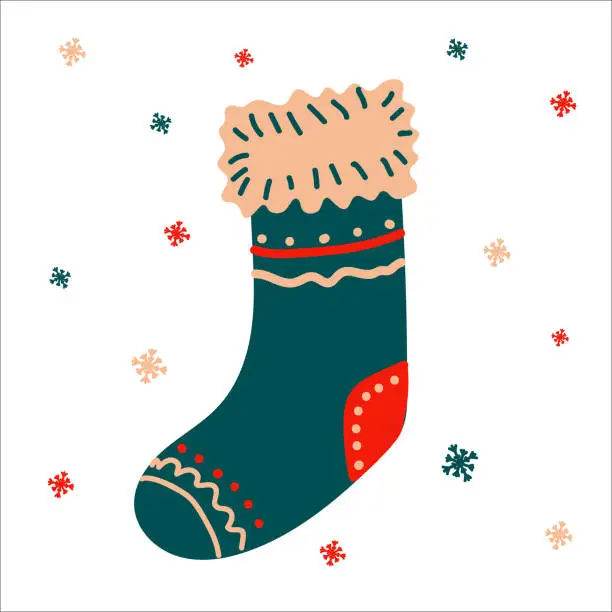 Vector illustration of Christmas traditional boot for gifts in scandinavian hand drawn style with lettering. Vector illustration, one simple bright object, square format. Suitable for social media