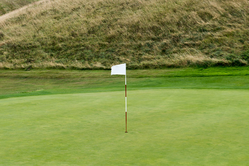 white flag and pole in the hole of a green on a golf course with heath meadow behind