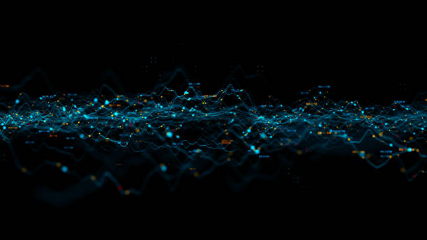 fondo abstracto de renderización 3d con gráfico hecho de partículas de puntos. - cyberspace technology abstract orange fotografías e imágenes de stock