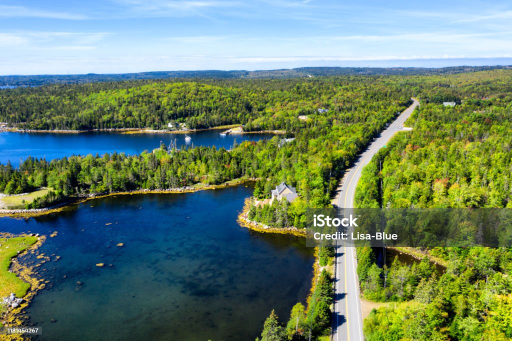 Aerial view of road in the wood, Nova Scotia, Canada Nova Scotia Stock Photo