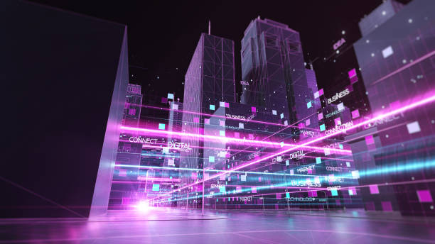 istock Digital skyscrappers with wireframe texture. Technology and connection concept. Perspective 3d architecture background with wireframe skyscrapers. 1181454320
