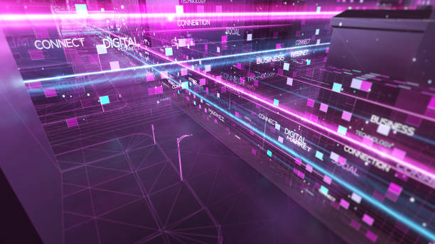 istock Digital skyscrappers with wireframe texture. Technology and connection concept. Perspective 3d architecture background with wireframe skyscrapers. 1181454474