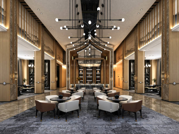3d render del vestíbulo y recepción del hotel de lujo - hotel reception lobby hotel luxury fotografías e imágenes de stock