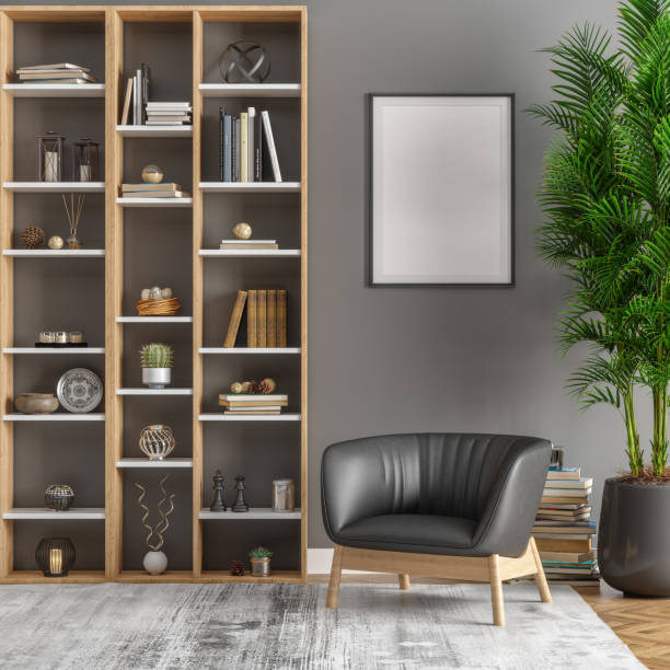 istock Picture Frame, Library And Plants In Living Room 1181459279