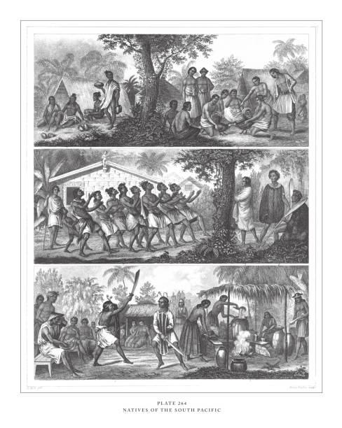 ilustrações, clipart, desenhos animados e ícones de nativos do pacífico sul gravura antiga ilustração, publicado 1851 - etnia aborígene australiana ilustrações