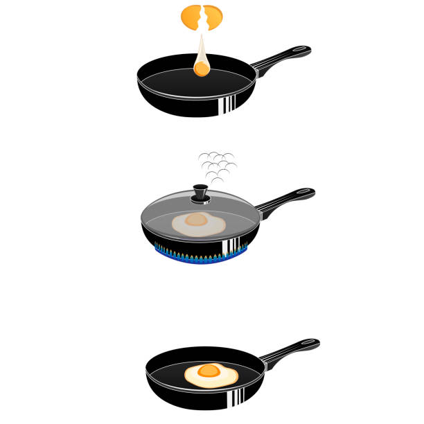 illustrazioni stock, clip art, cartoni animati e icone di tendenza di frittata da cucina in padella - break eggs domestic kitchen breaking