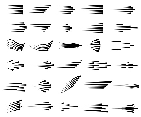 Speed lines icons. Set of fast motion symbols. Black lines on white background. Simple striped effects. Vector illustration.