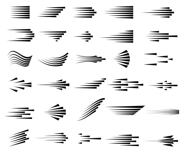 Speed lines icons. Set of fast motion symbols. Speed lines icons. Set of fast motion symbols. Black lines on white background. Simple striped effects. Vector illustration. speed designs stock illustrations