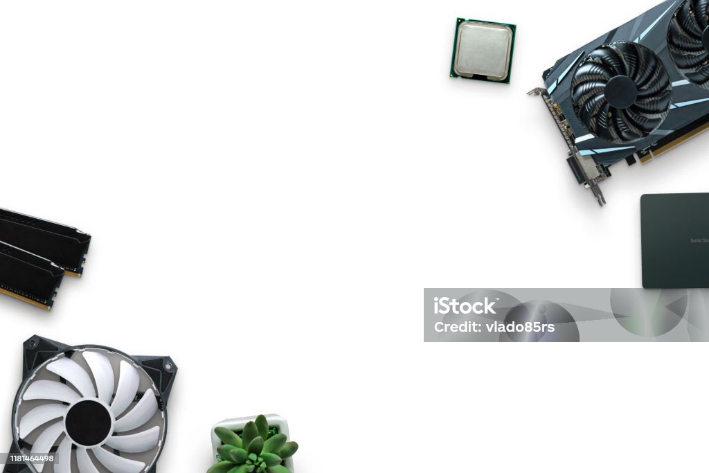 Computer Components Single Image Computer Components On A White Desk Graphic Card Ssd Processor Ram ...