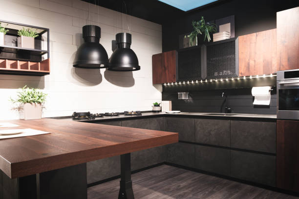 istock Kitchen interior, modern kitchen with a luxury mixer, breakfast concept, kitchen background, concept of healthy eating, interior of modern kitchen in gray brown tone 1181465617