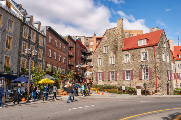 Quebec City, Canada - 4 October 2019: Traditional stone houses on Boulevard Champlain in the Petit Champlain historic district.