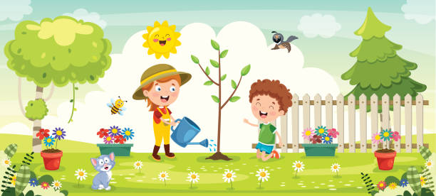 小さな子供のガーデニングと植栽 - flower sketch yard front or back yard点のイラスト素材／クリップアート素材／マンガ素材／アイコン素��材