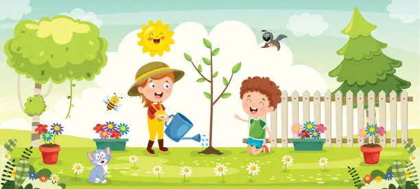 Vector illustration of Little Children Gardening And Planting