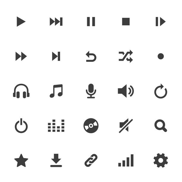 illustrations, cliparts, dessins animés et icônes de ensemble d'icônes multimédias et audio - interface icons push button downloading symbol