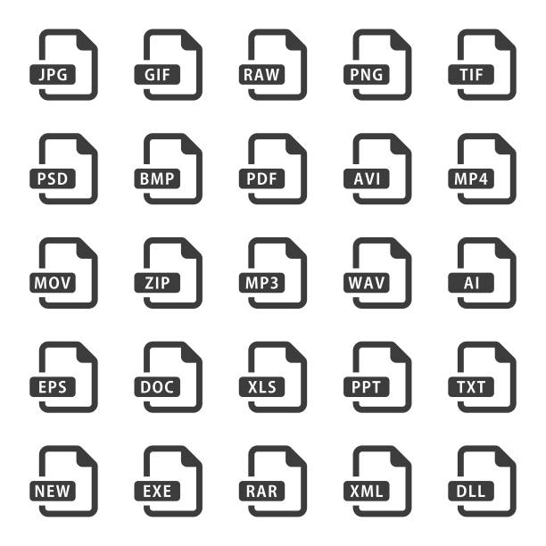 Document and File Format Icons Set An illustration of document and file format icons set for your web page, presentation, apps and design products. Vector format can be fully scalable & editable. extensible markup language stock illustrations