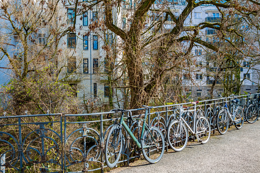 Bicycles at a bridge railing