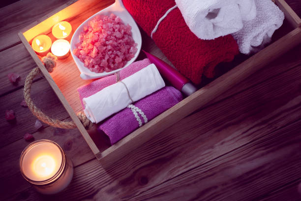 istock set of bathhouse accessories for SPA in Low-key lighting 1181472804