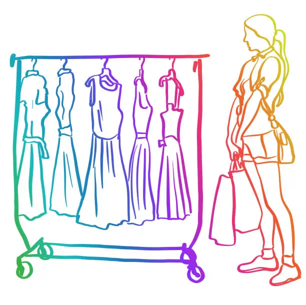 Vector illustration of Teenage Girls Choosing A Dress Rainbow