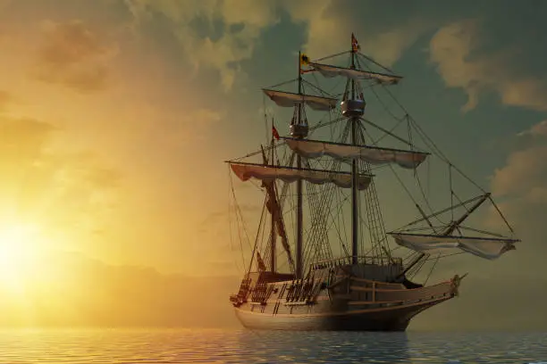 Spanish galleon ship on the open seas by shining sunset. 3D Illustration.