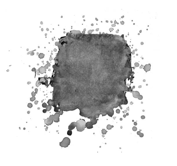 istock Black paint stain isolated on white paper background with drops and dots around - vector illustration with natural textures and details - paint naturally splashed around one big black point in the center of the paper 1181477303