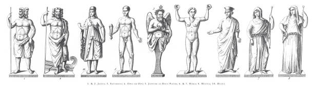 ilustrações, clipart, desenhos animados e ícones de janus, saturnus, opis, júpiter, hera, diana, ritos religiosos e figuras da grécia antiga e roma gravura antiga ilustração, publicado 1851 - classical greek roman statue warrior