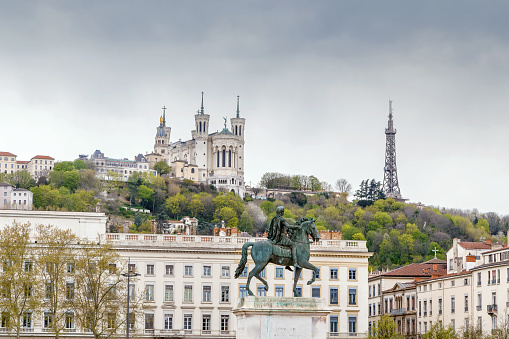 View of Basilica of Notre-Dame de Fourviere from Place Bellecour in Lyon, France