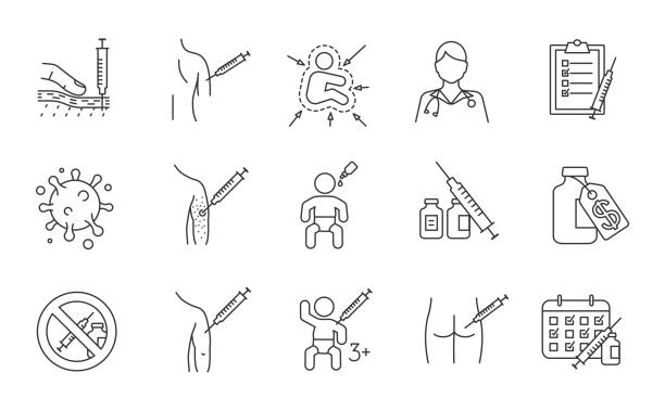 Vaccination and immunization linear icons set Vaccination and immunization linear icons set. Thin line contour symbols. Vaccines for kids, adults. Flu, hepatitis, measles diseases prevention. Isolated vector outline illustrations. Editable stroke measles illustrations stock illustrations