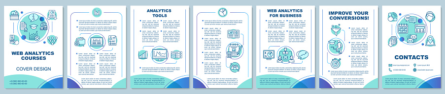 Web analytics and metrics courses brochure template. Digital marketing. Flyer, booklet, leaflet print design. Website traffic statistics. Vector page layouts for magazines, reports, advertising poster