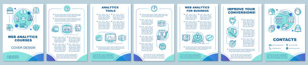 Web analytics and metrics courses brochure template layout Web analytics and metrics courses brochure template. Digital marketing. Flyer, booklet, leaflet print design. Website traffic statistics. Vector page layouts for magazines, reports, advertising poster social media infographics stock illustrations