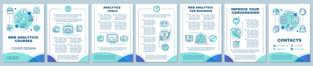 Web analytics and metrics courses brochure template layout Web analytics and metrics courses brochure template. Digital marketing. Flyer, booklet, leaflet print design. Website traffic statistics. Vector page layouts for magazines, reports, advertising poster newsletter template stock illustrations