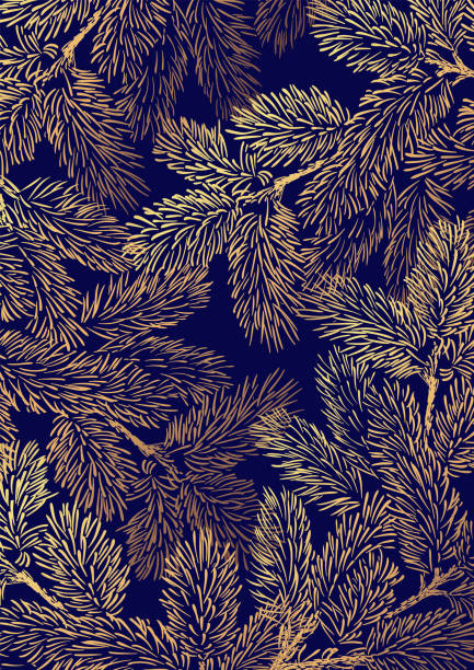 illustrations, cliparts, dessins animés et icônes de fond d'hiver avec les branches de pin d'or sur le fond bleu foncé. conception de carte d'hiver. - backgrounds metallic gold christmas