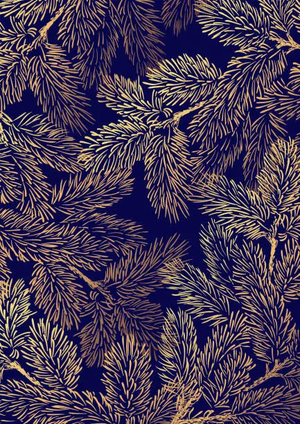 Vector illustration of Winter background with golden pine branches on dark blue background. Winter card design.