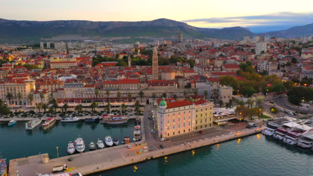 Aerial Drone view bell tower of Cathedral of Saint Duje and Old City of Split on Adriatic coast, Split, Croatia