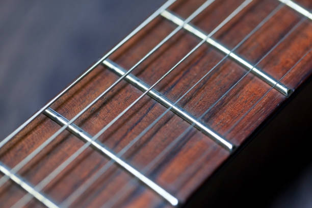 istock guitar  with wooden brown neck and strings, close up blurry background, texture, abstract 1181480173