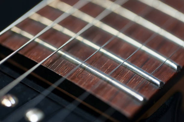 istock guitar  with wooden brown neck and strings, close up blurry background, texture, abstract 1181480370
