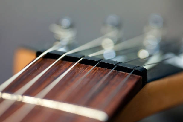 istock guitar  with wooden brown neck and strings, close up blurry background, texture, abstract 1181480745